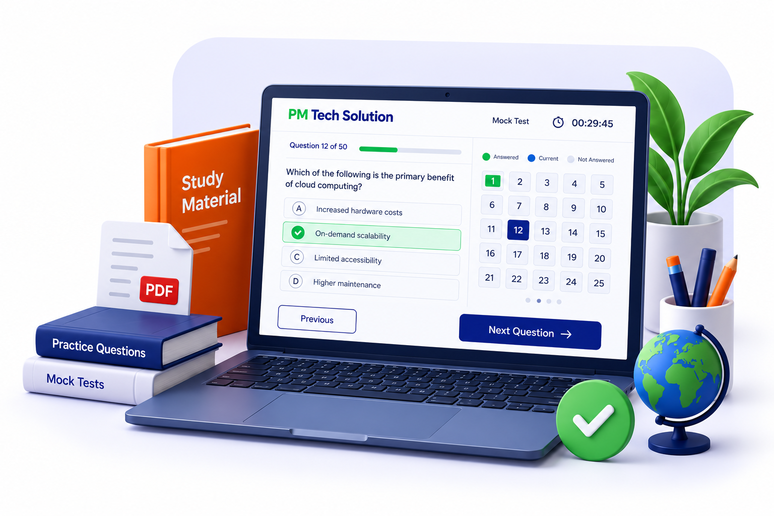 Study materials, practice questions and an online mock test on a laptop